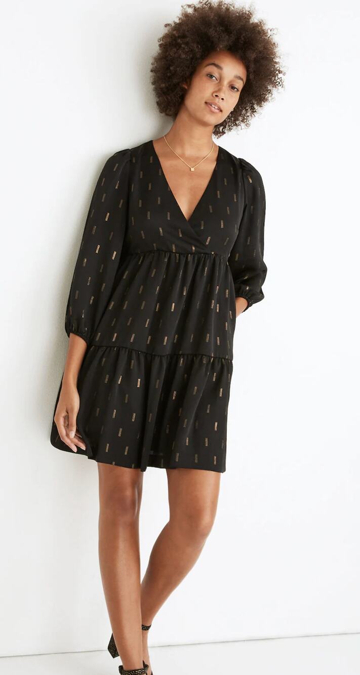 Madewell MC325 Dress Womens S Black Gold Metallic Jacquard Tiered Mini Puff EUC